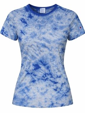 Champion 100% Cotton Women's Blue and White Tie-Dye Crewneck Tee Size M